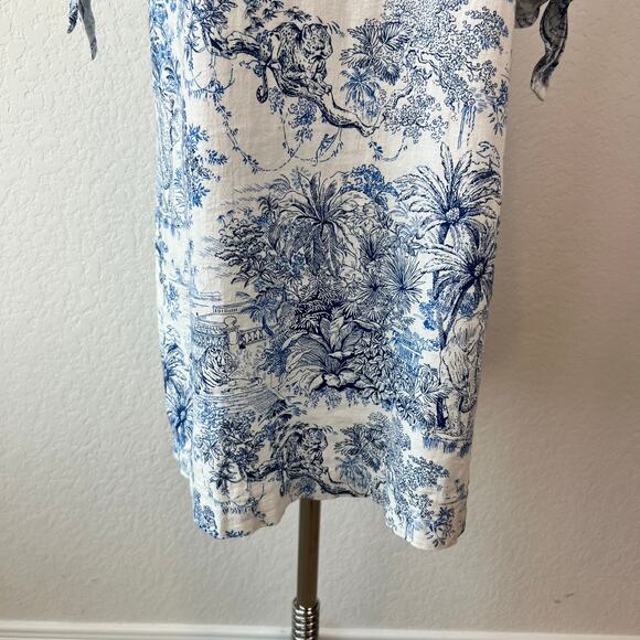 H&M Size 6 Linen Blend Mini Shift Dress Jungle Tigers Blue White Tie Sleeves - Picture 11 of 11